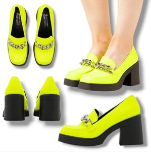 CALL IT SPRING Women's Noella Bright Green Chain Accent Vegan Platform Loafers